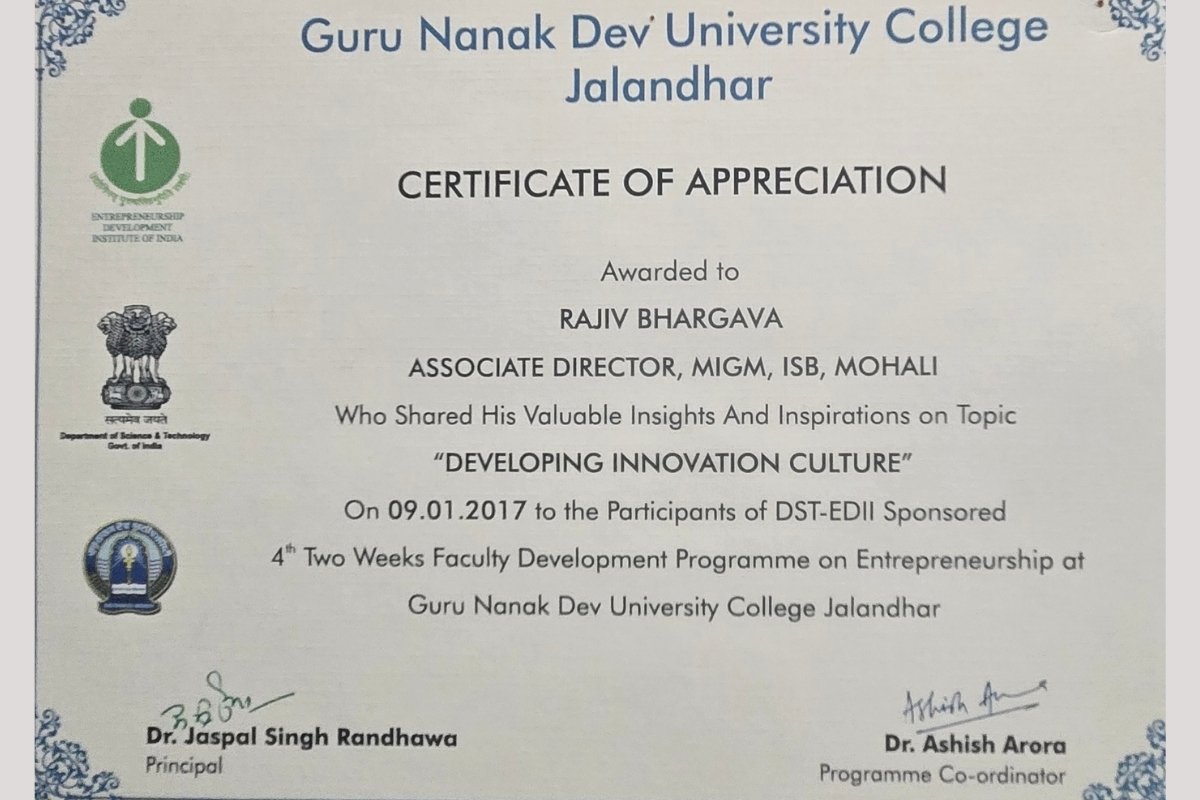 Certificate of Appreciation — Guru Nanak Dev University College, Jalandhar